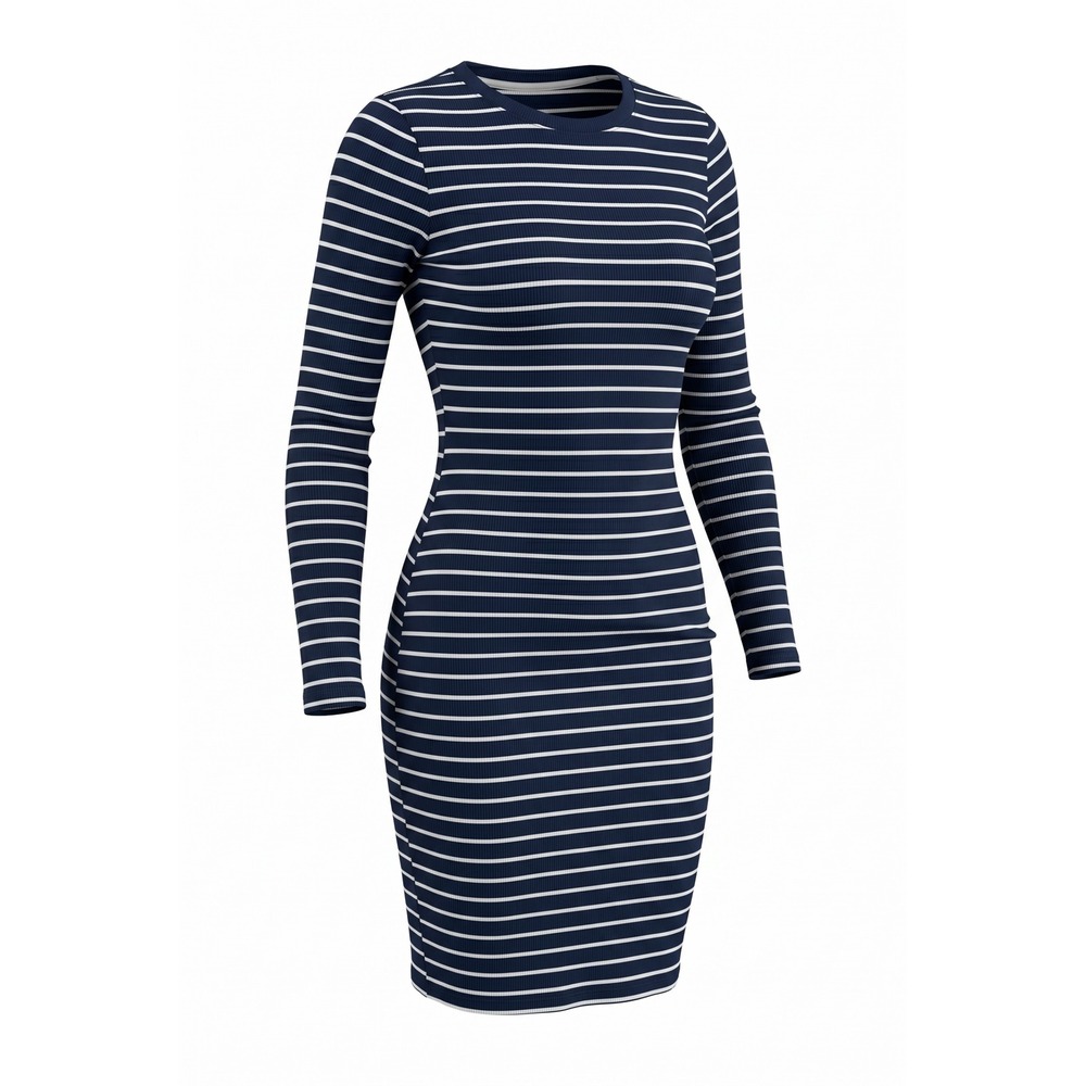 Forever 21 Navy‎ Blue White Striped Ribbed Knit Long Sleeve Midi Bodycon Dress S
